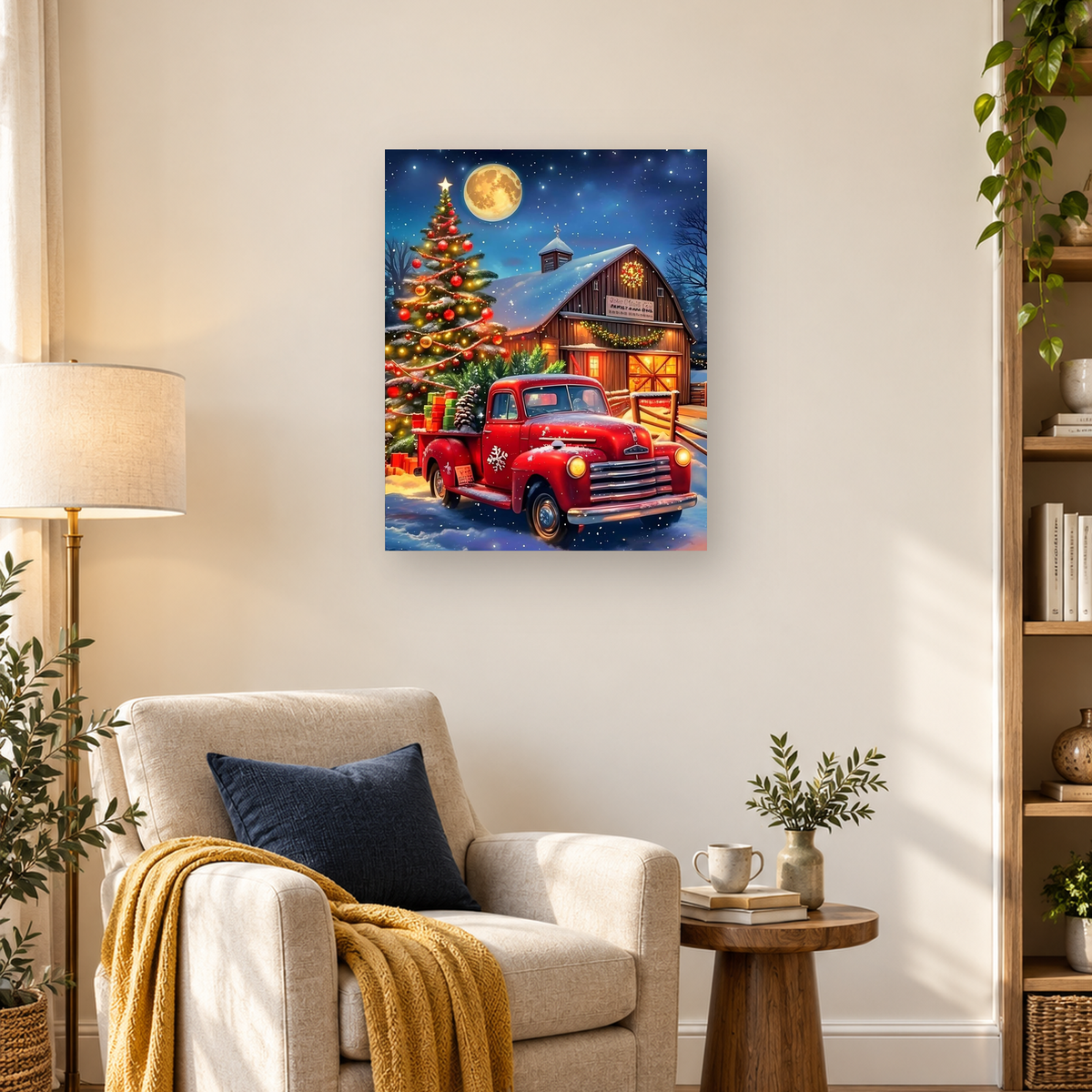 Red vintage pickup truck beside a lit Christmas tree and snowy barn beneath a full moon