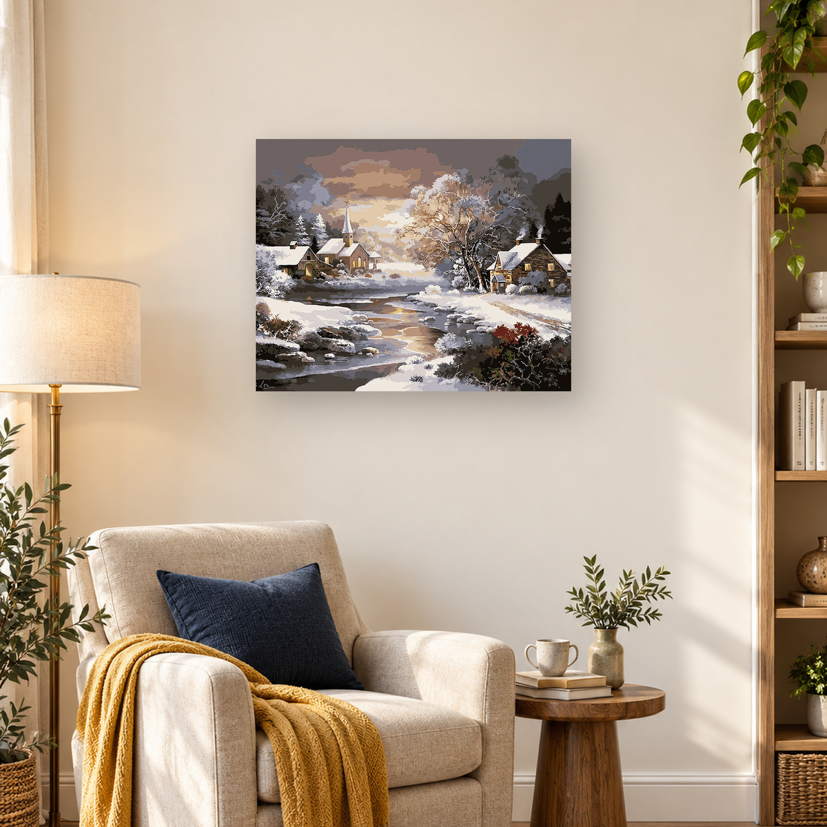 Snow-covered village with a steepled church, winding stream, trees, and houses beneath a cloudy sky — 03_lifestyle_hero