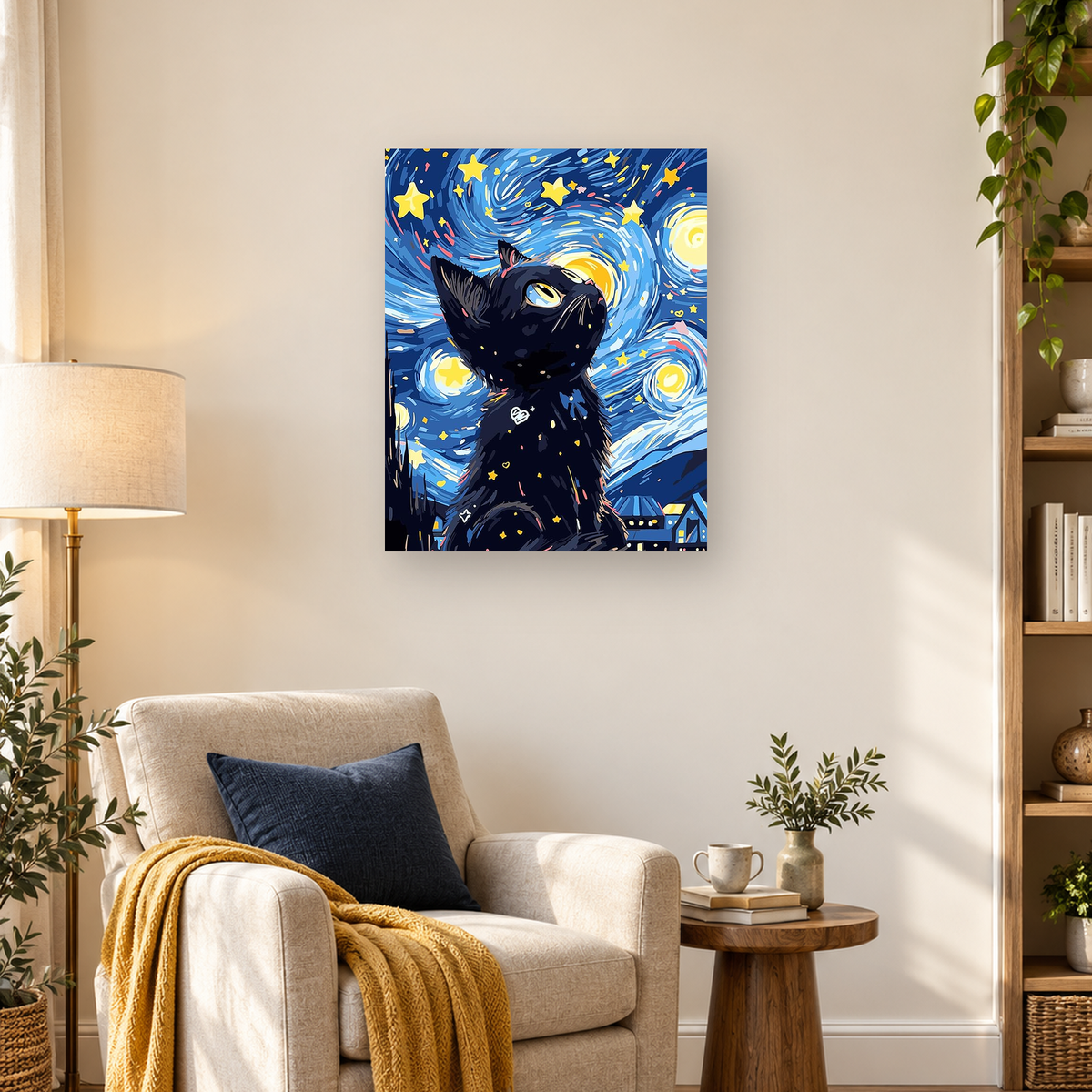 Stylized black cat gazing upward beneath a swirling blue sky filled with stars and glowing circles — 03_lifestyle_hero
