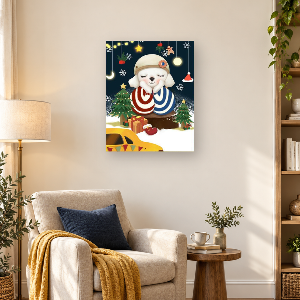 Two sleeping white dogs in striped scarves surrounded by Christmas trees, gifts, snowflakes, and lights. — 03_lifestyle_hero