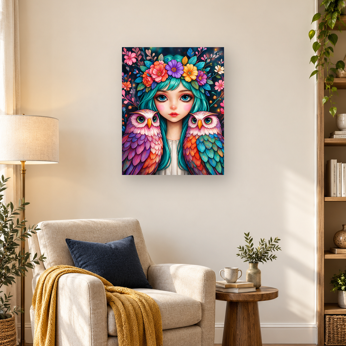 Turquoise-haired woman with a flower crown between two colorful owls — 03_lifestyle_hero