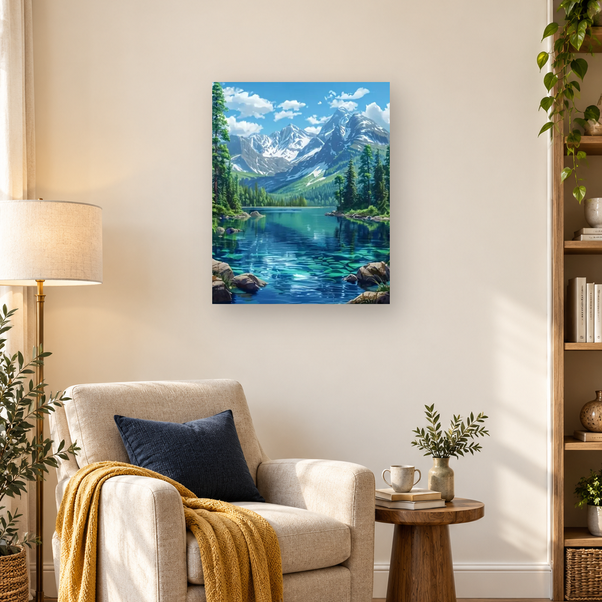 Painterly turquoise alpine lake framed by evergreens and rocks beneath snow-capped mountains and clouds — 03_lifestyle_hero