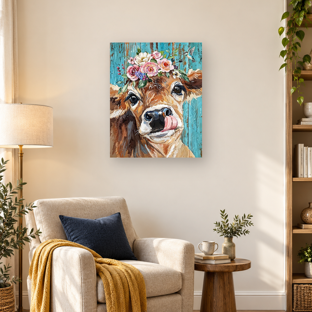 Watercolor close-up of a flower-crowned brown-and-white cow with its pink tongue out — 03_lifestyle_hero