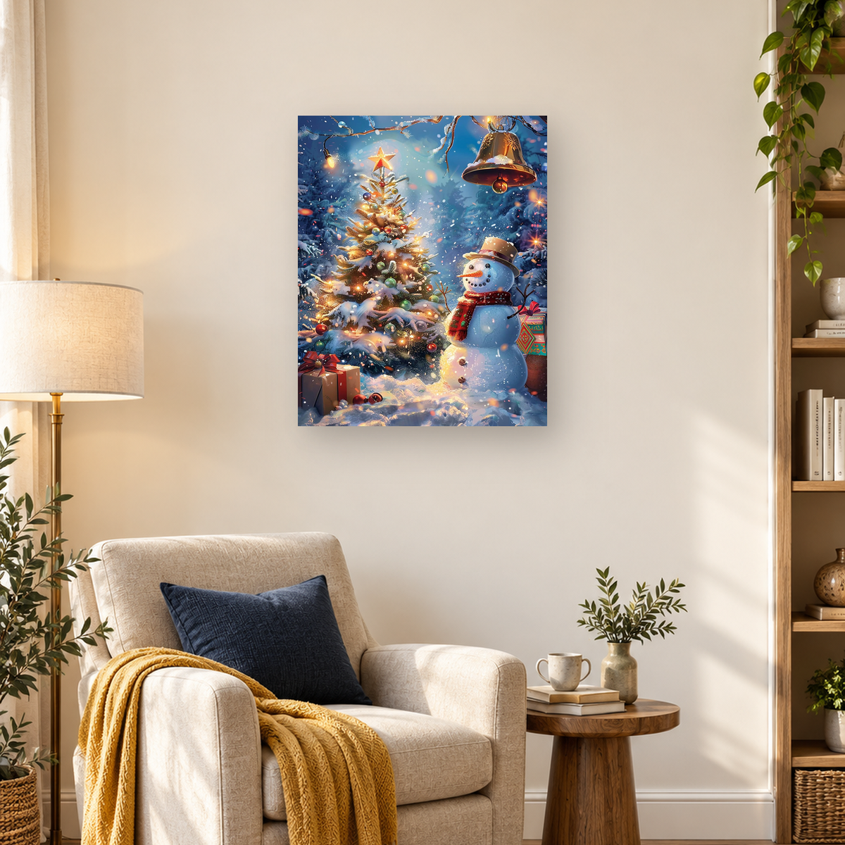 Glowing decorated Christmas tree beside a cheerful snowman in a snowy forest with gifts and falling snow