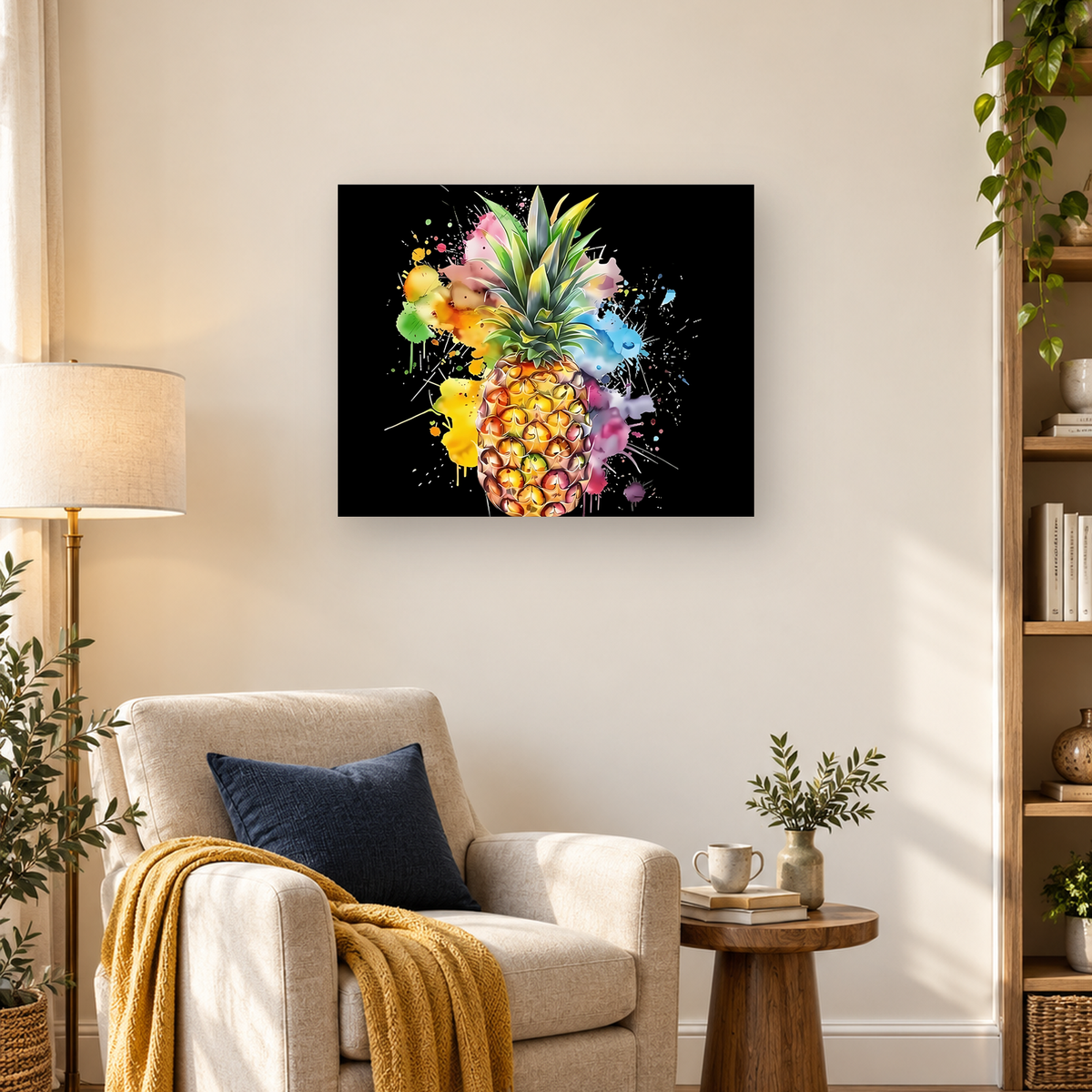 Colorful pineapple with green leaves surrounded by pink, yellow, blue, and purple paint splashes on black — 03_lifestyle_hero