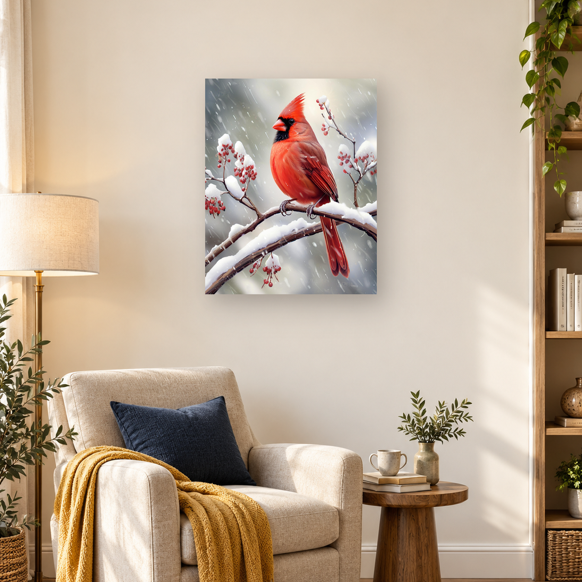 Red cardinal perched on snowy branches with red berries as snow falls against a soft gray background. — 03_lifestyle_hero