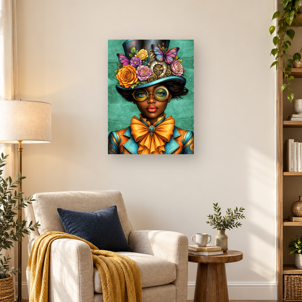 Portrait of a woman in round glasses wearing a floral steampunk hat with butterflies and clockwork — 03_lifestyle_hero