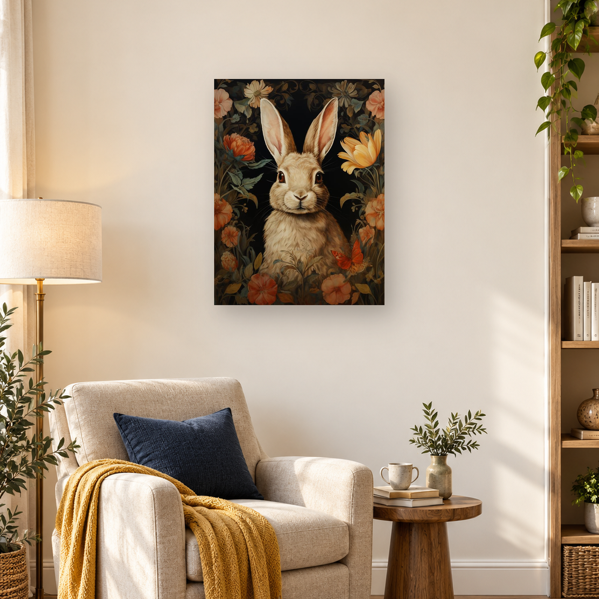 Tan rabbit portrait surrounded by orange flowers, green leaves, and a red-orange butterfly on a dark background — 03_lifestyle_hero