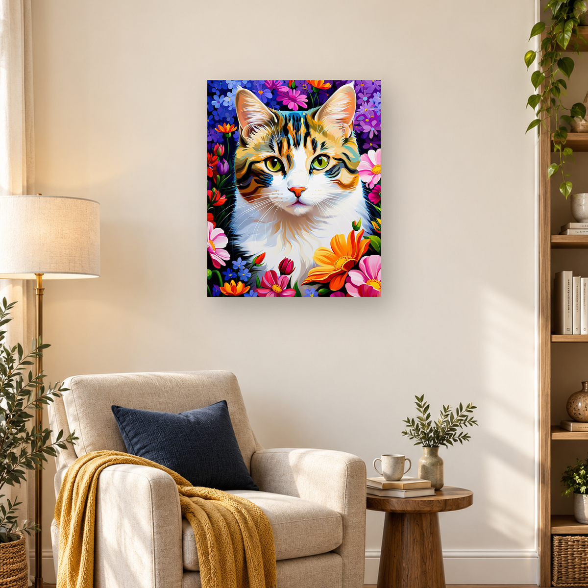 White and orange cat with green-yellow eyes surrounded by vivid pink, purple, blue, and orange flowers — 03_lifestyle_hero