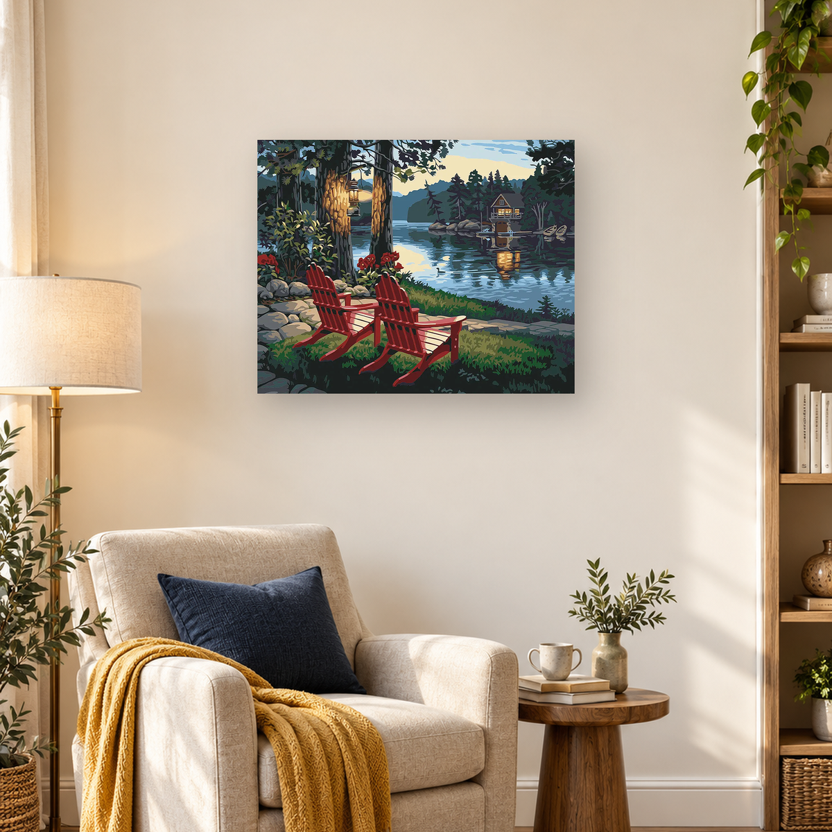 Stylized lakeside cabin scene with two red Adirondack chairs, dock, pine trees, mountains, and calm water — 03_lifestyle_hero