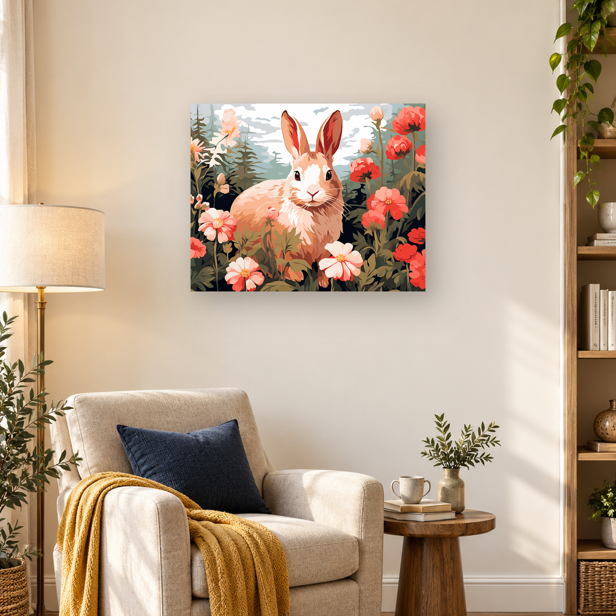 Stylized rabbit surrounded by coral and pink flowers in a dense woodland garden — 03_lifestyle_hero