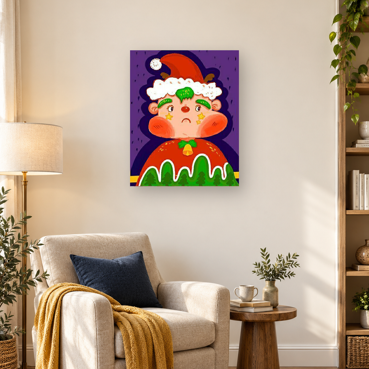 Sad childlike Christmas character in a red hat with star cheek markings and a bell against a purple background — 03_lifestyle_hero