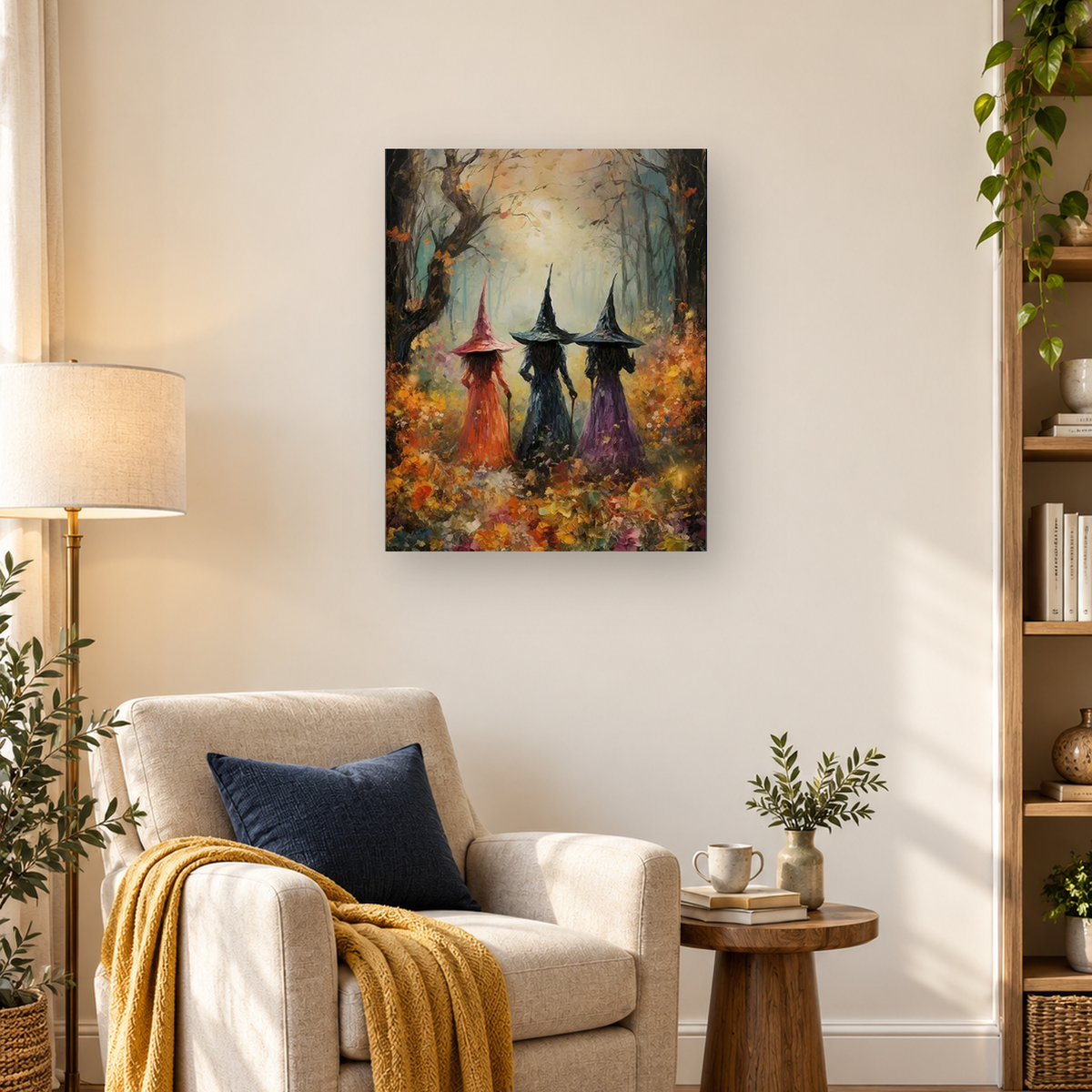 Three pointed-hat figures in colorful robes walk through an autumn forest toward a bright clearing. — 03_lifestyle_hero