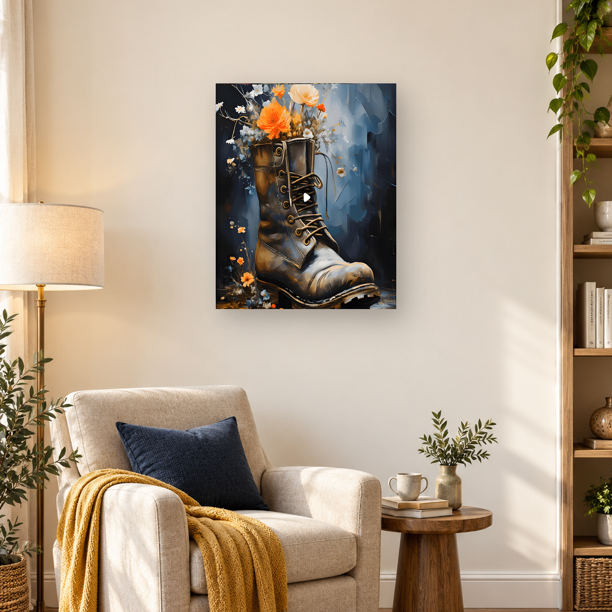 Painterly brown lace-up boot holding orange, cream, and white flowers against a dark blue background — 03_lifestyle_hero