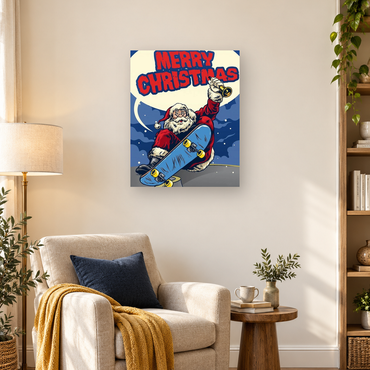 Comic-style Santa skateboards with a trumpet beneath large Merry Christmas lettering. — 03_lifestyle_hero