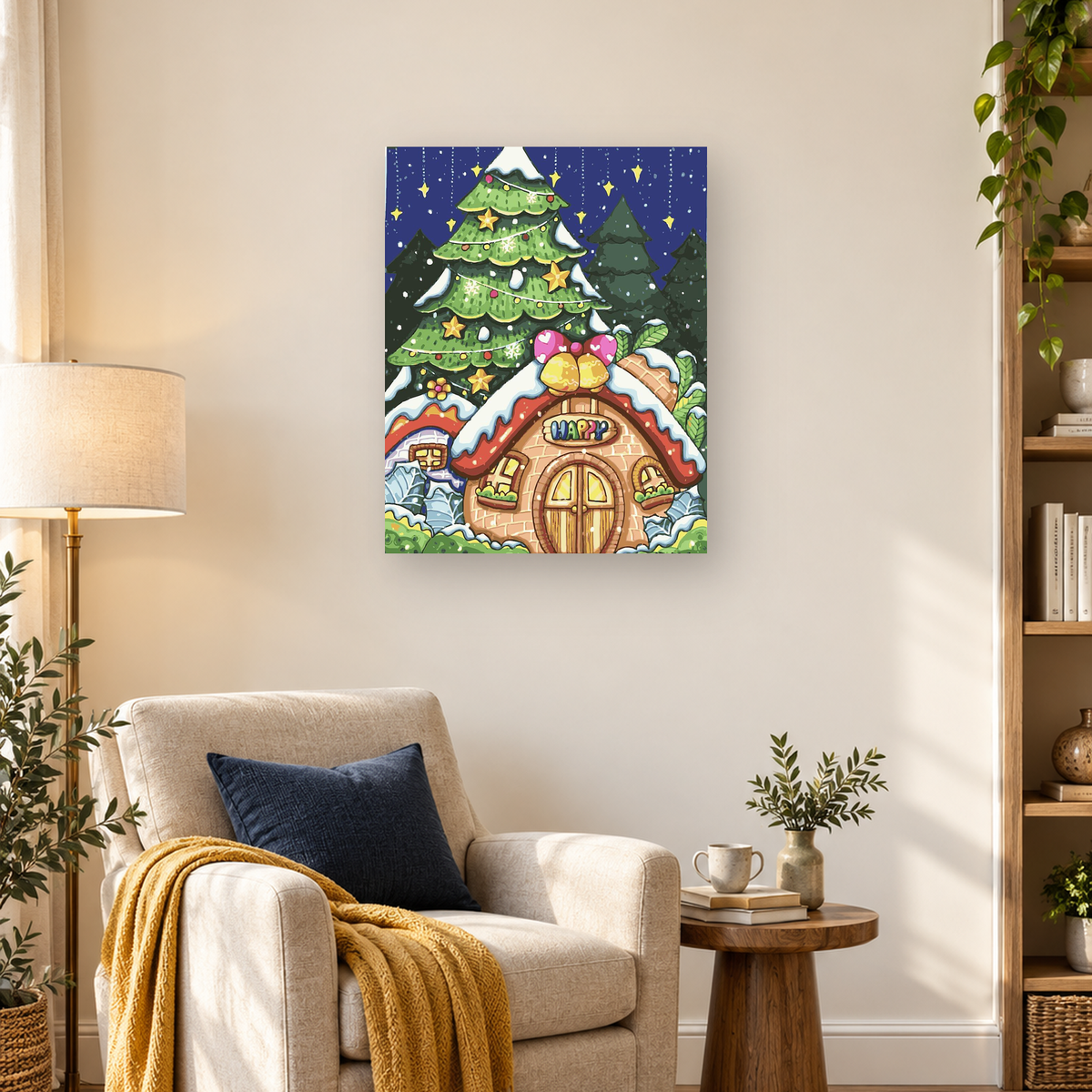 Snow-covered gingerbread house beneath a decorated Christmas tree in a snowy night scene — 03_lifestyle_hero