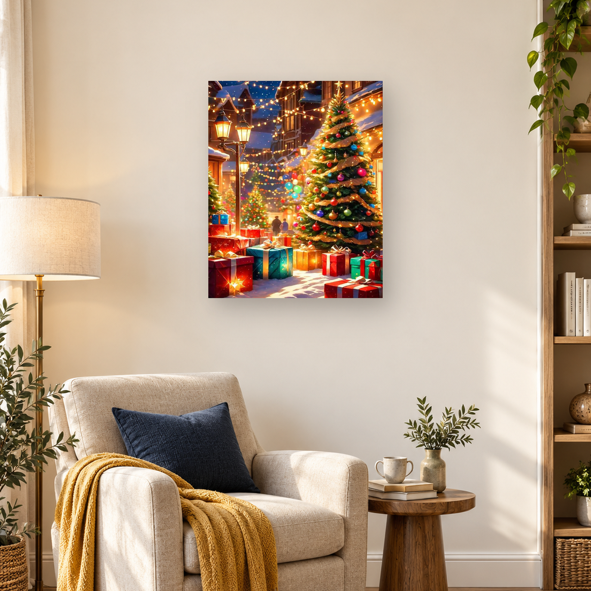 MalaMind Gallery V3 | 03 Lifestyle Hero | CH-260921-079 | Decorated Christmas tree with gifts and glowing lights on a snowy village street