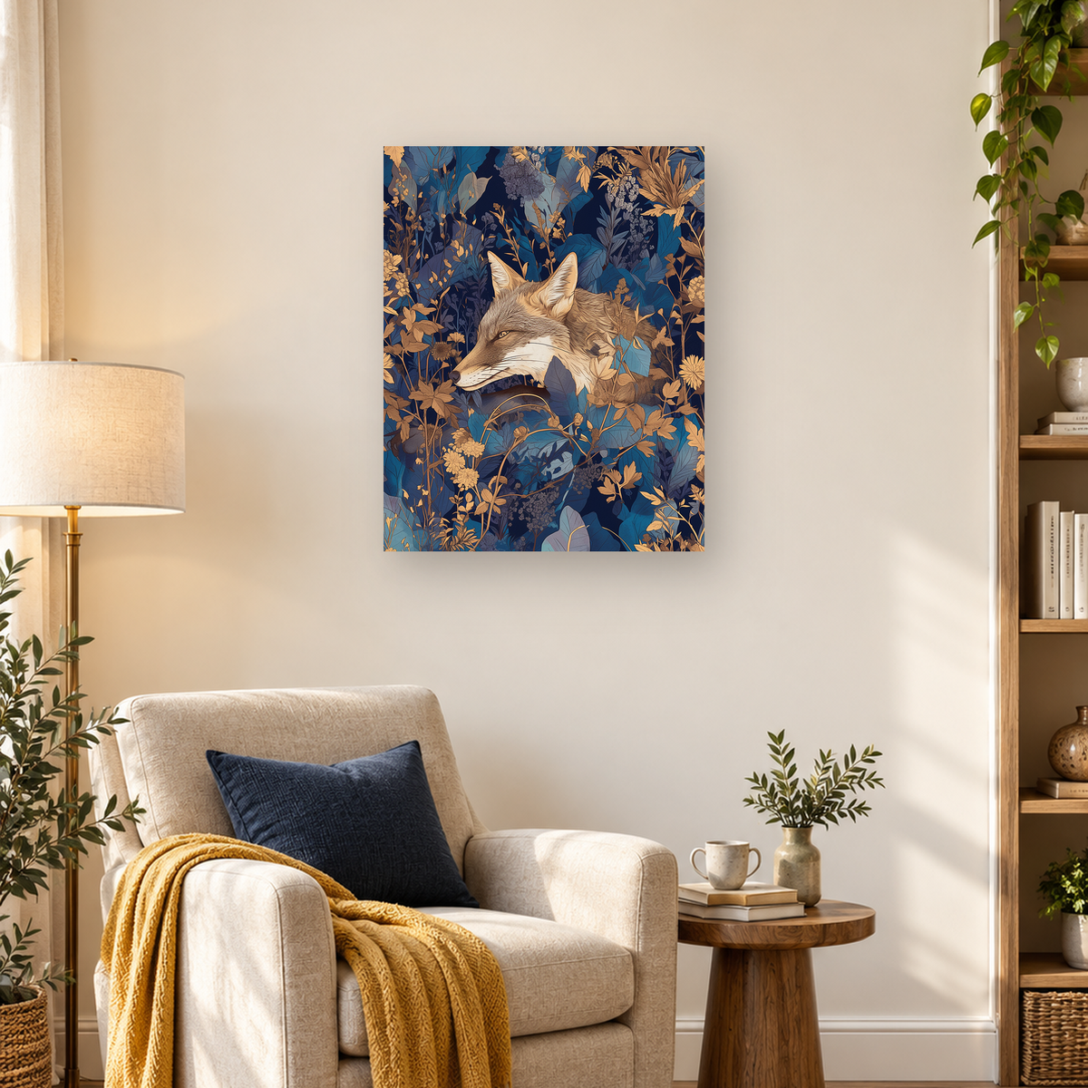 Fox in profile surrounded by dense blue foliage, vines, leaves, and warm-toned wildflowers. — 03_lifestyle_hero