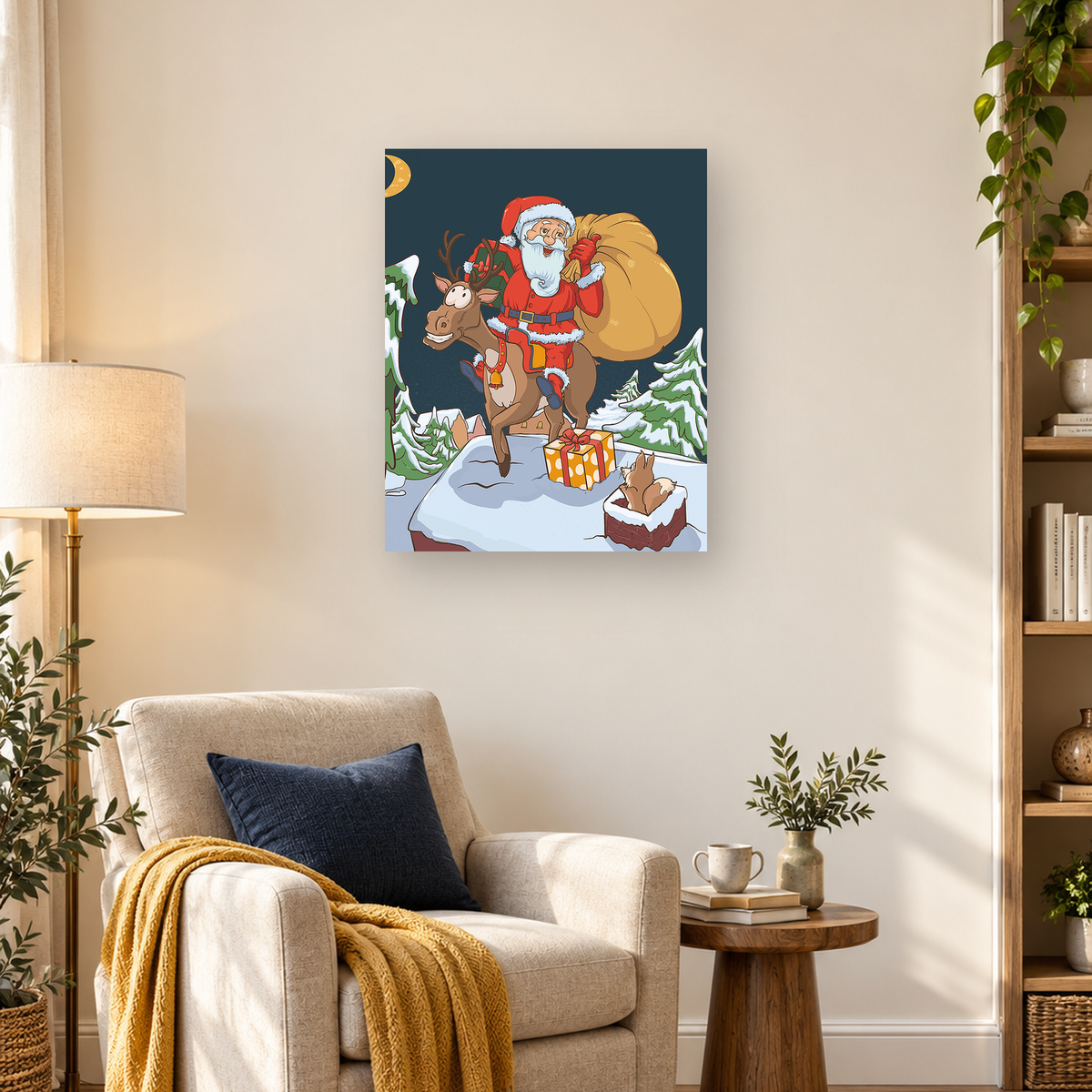 Cartoon Santa rides a reindeer through snowy evergreens with a gift sack and wrapped present. — 03_lifestyle_hero