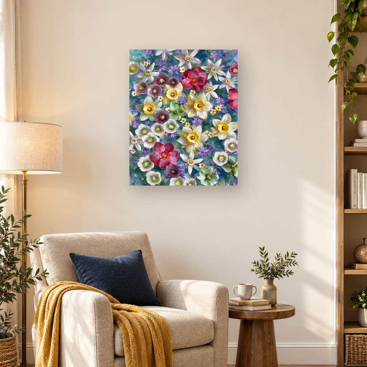 Dense colorful floral arrangement with red, pink, purple, white, and yellow flowers on a teal background — 03_lifestyle_hero