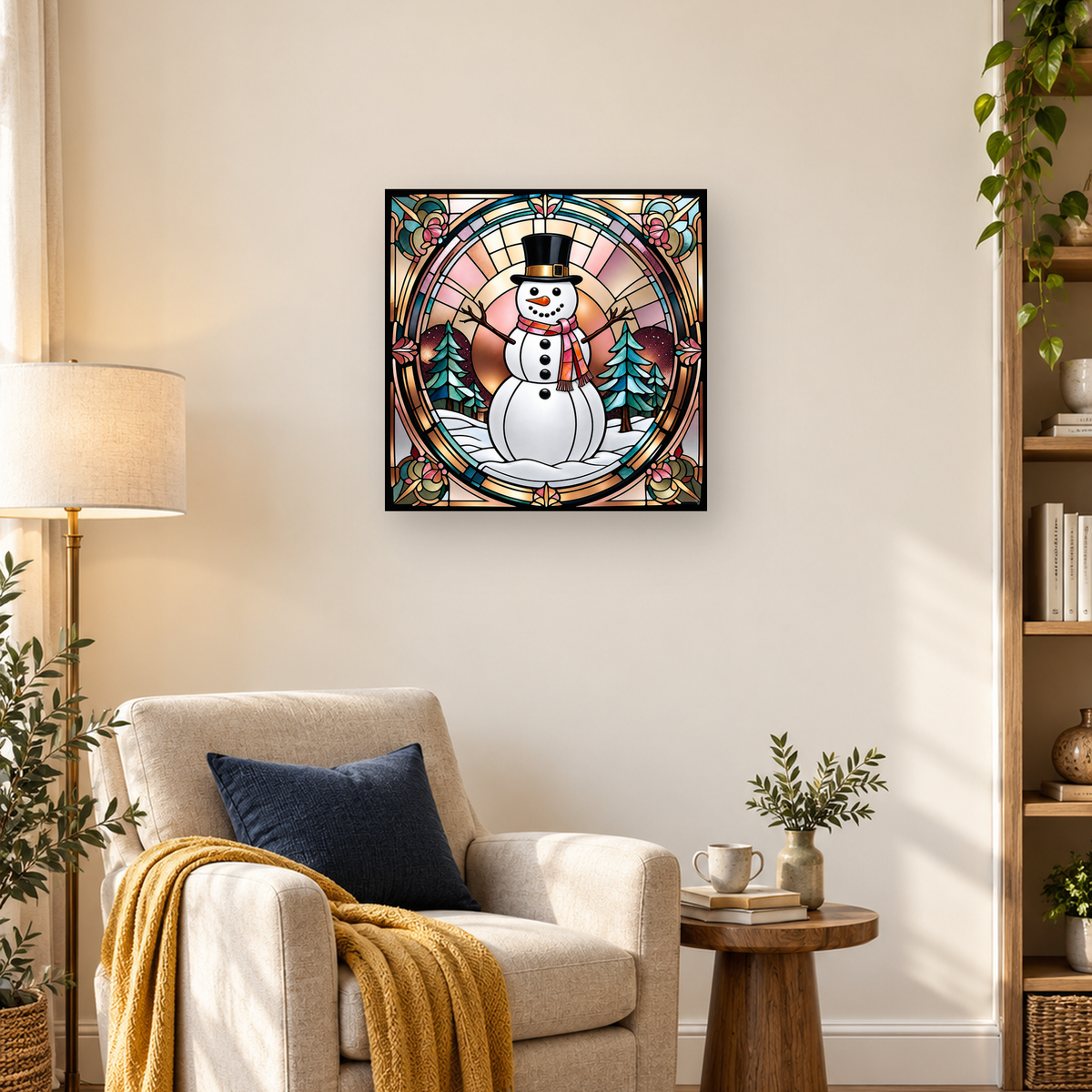 Stained-glass snowman in a snowy evergreen forest with a top hat, pink scarf, and floral frame — 03_lifestyle_hero