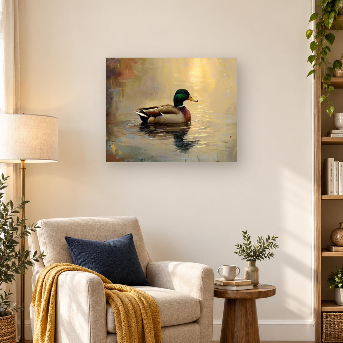 Painterly mallard duck with green head floating on rippling pond water beside shoreline reeds — 03_lifestyle_hero