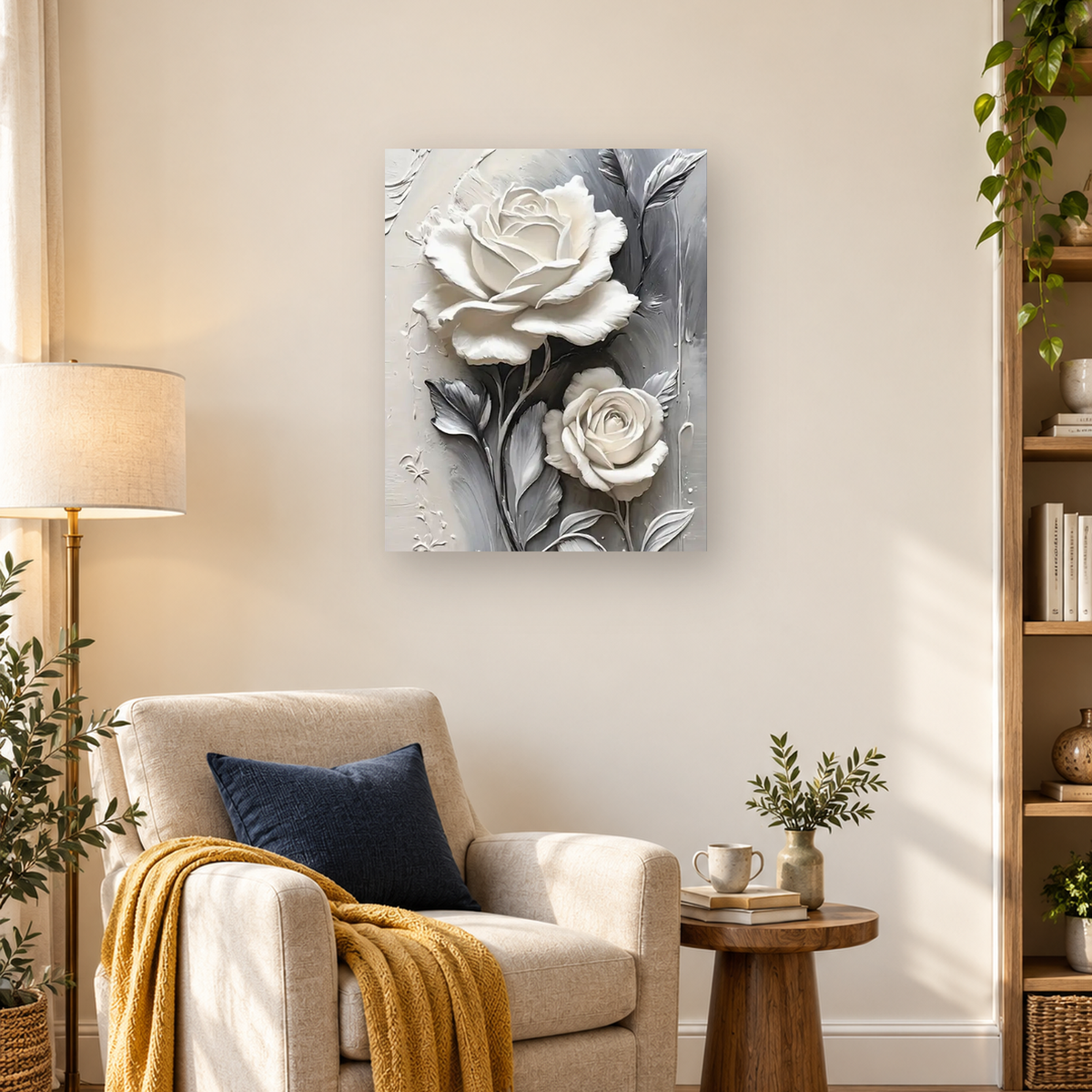 Monochromatic artwork of two ivory roses with dark leaves and stems on a textured gray background — 03_lifestyle_hero