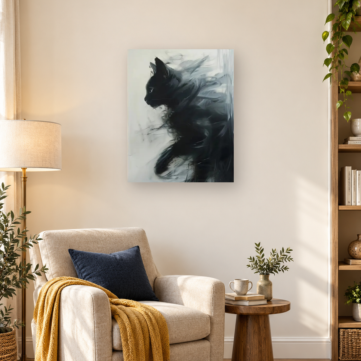 Painterly black cat in profile with flowing fur against a pale, vertically textured background. — 03_lifestyle_hero