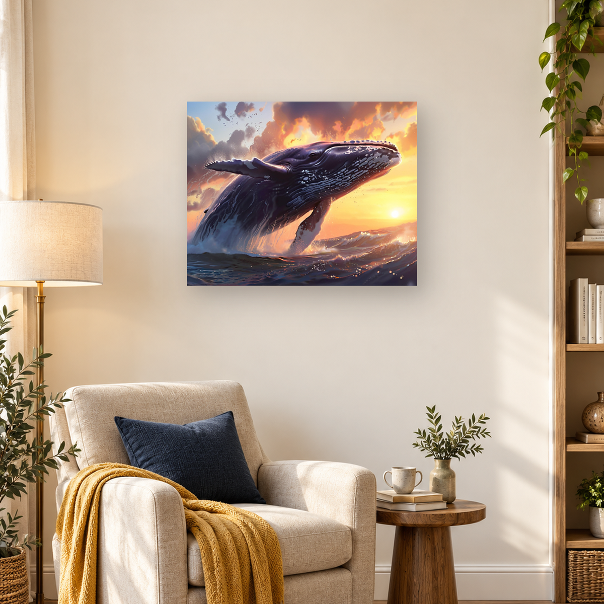 Breaching humpback whale rising through ocean waves beneath a glowing orange sunset sky — 03_lifestyle_hero