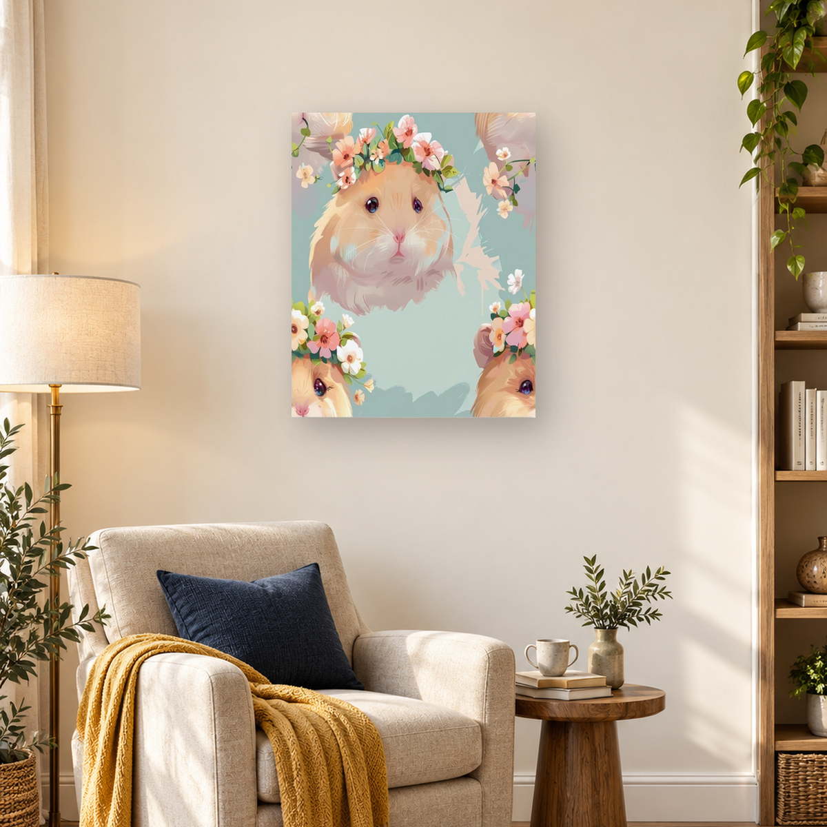 Pastel illustration of a flower-crowned hamster framed by flowers and partial hamster faces. — 03_lifestyle_hero