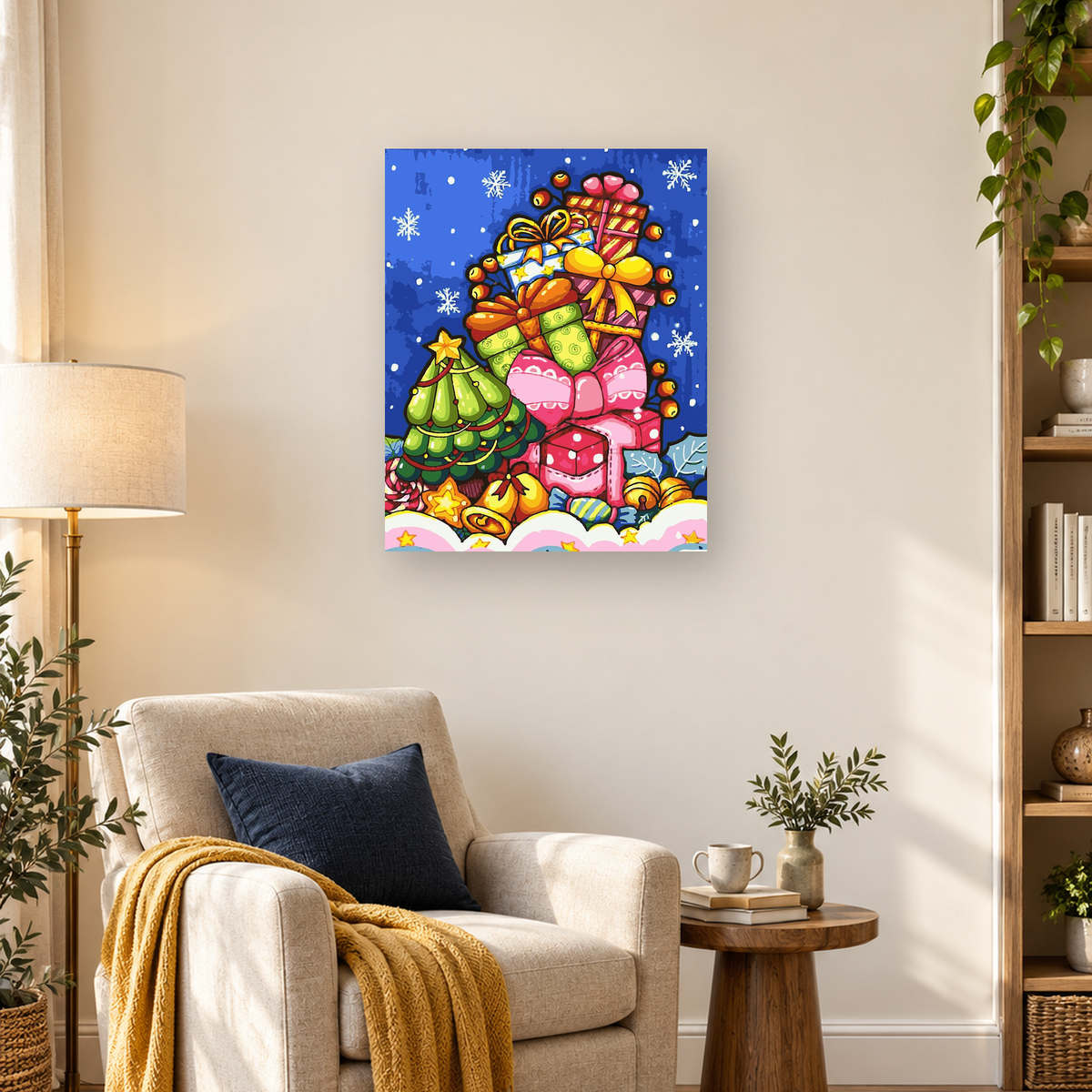 Colorful Christmas presents beside a decorated tree with sweets and falling snow on a blue background — 03_lifestyle_hero
