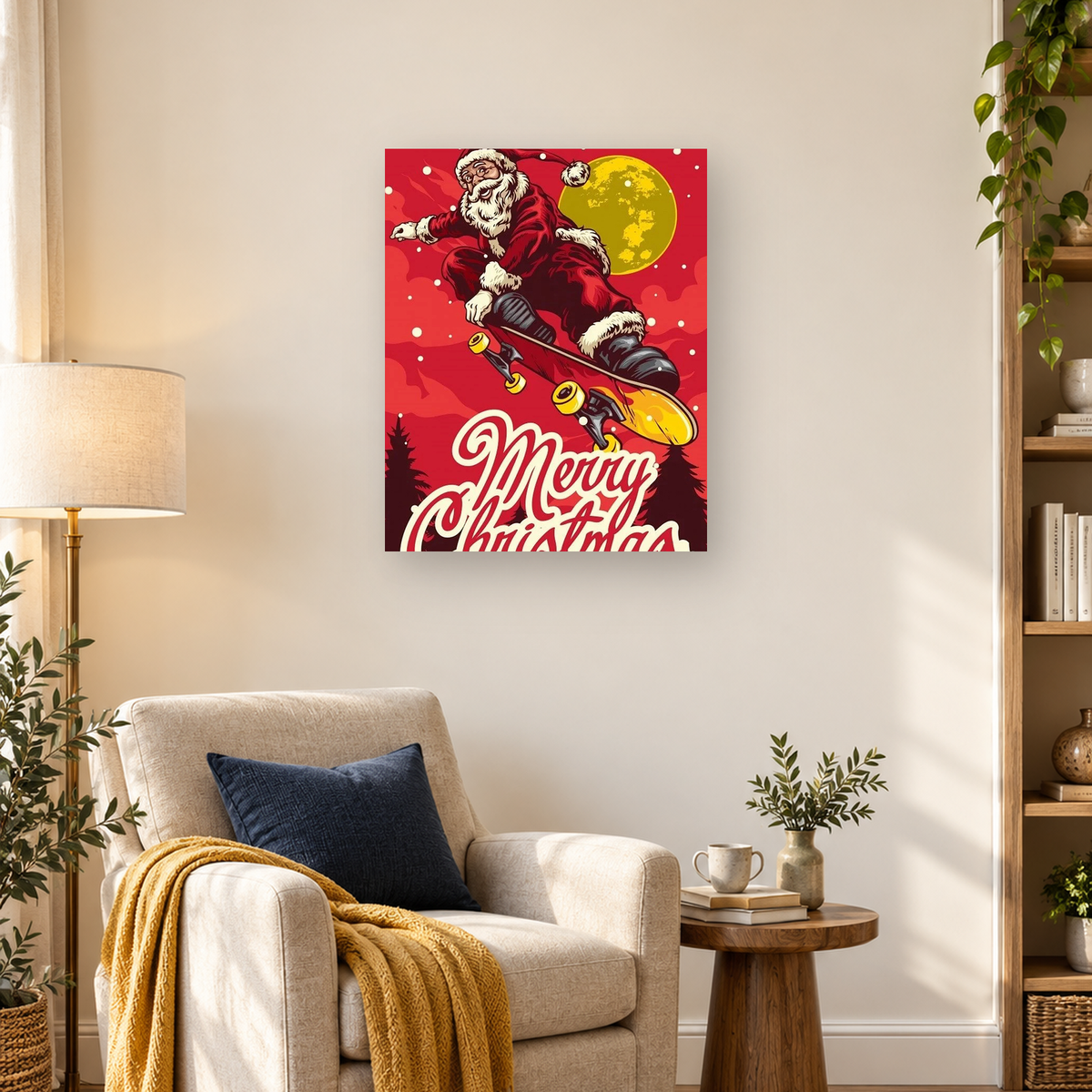 Retro illustration of Santa skateboarding before a yellow moon with Merry Christmas lettering — 03_lifestyle_hero