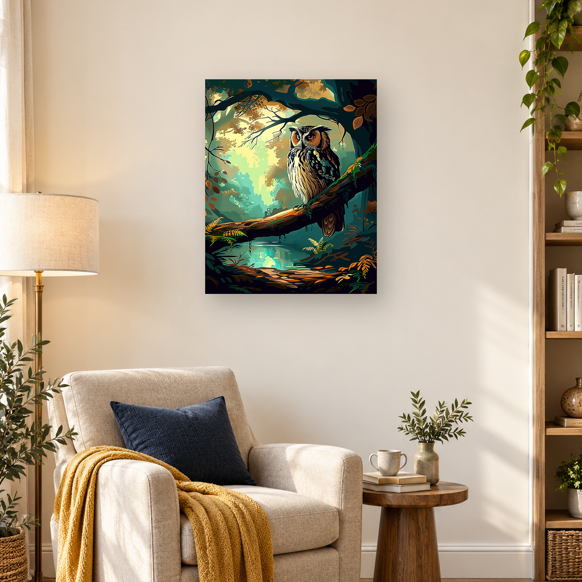 Stylized owl perched on a branch amid dense teal forest foliage, ferns, and a softly lit clearing. — 03_lifestyle_hero