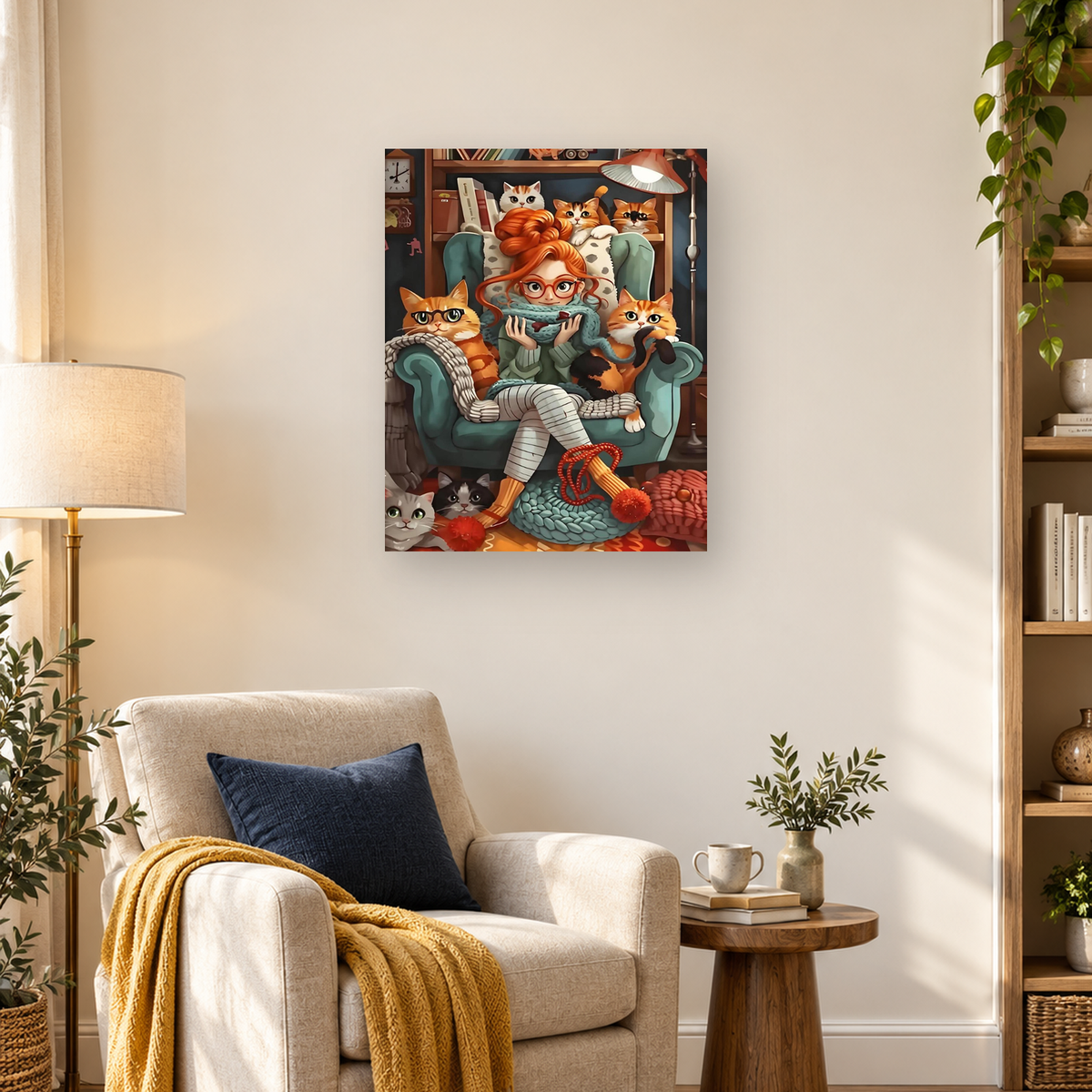 Red-haired woman in a teal armchair knitting with multiple cats, yarn, bookshelves, and warm decor — 03_lifestyle_hero