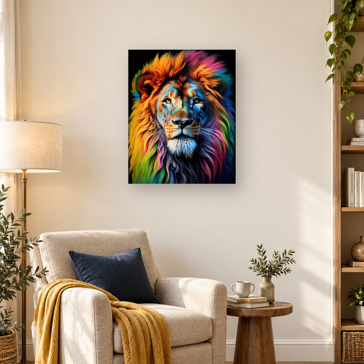 Front-facing lion portrait with golden eyes and a vivid rainbow-colored mane on a dark background — 03_lifestyle_hero