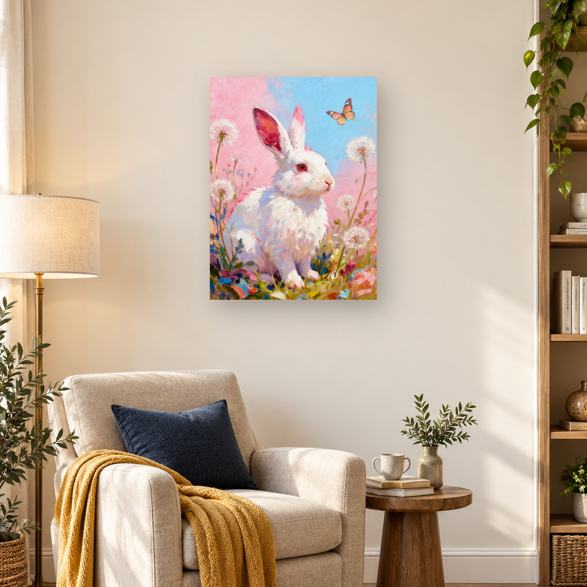 White rabbit in a colorful flower meadow with dandelions and a butterfly — 03_lifestyle_hero