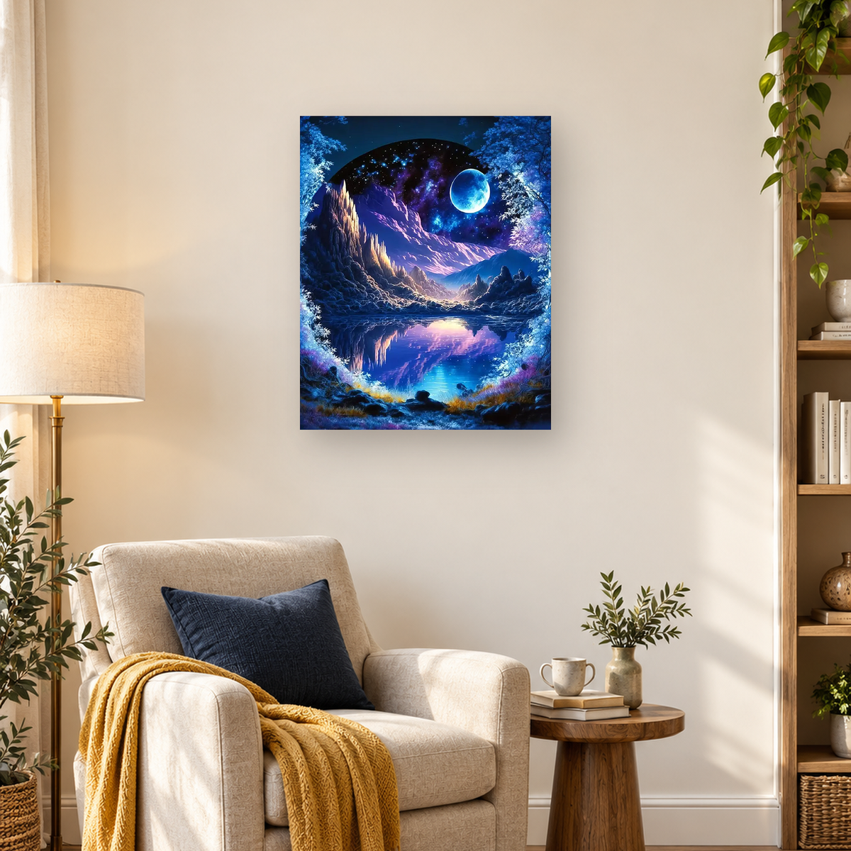 Fantasy mountain lake beneath a glowing blue moon, framed by snowy trees and reflected in calm water — 03_lifestyle_hero