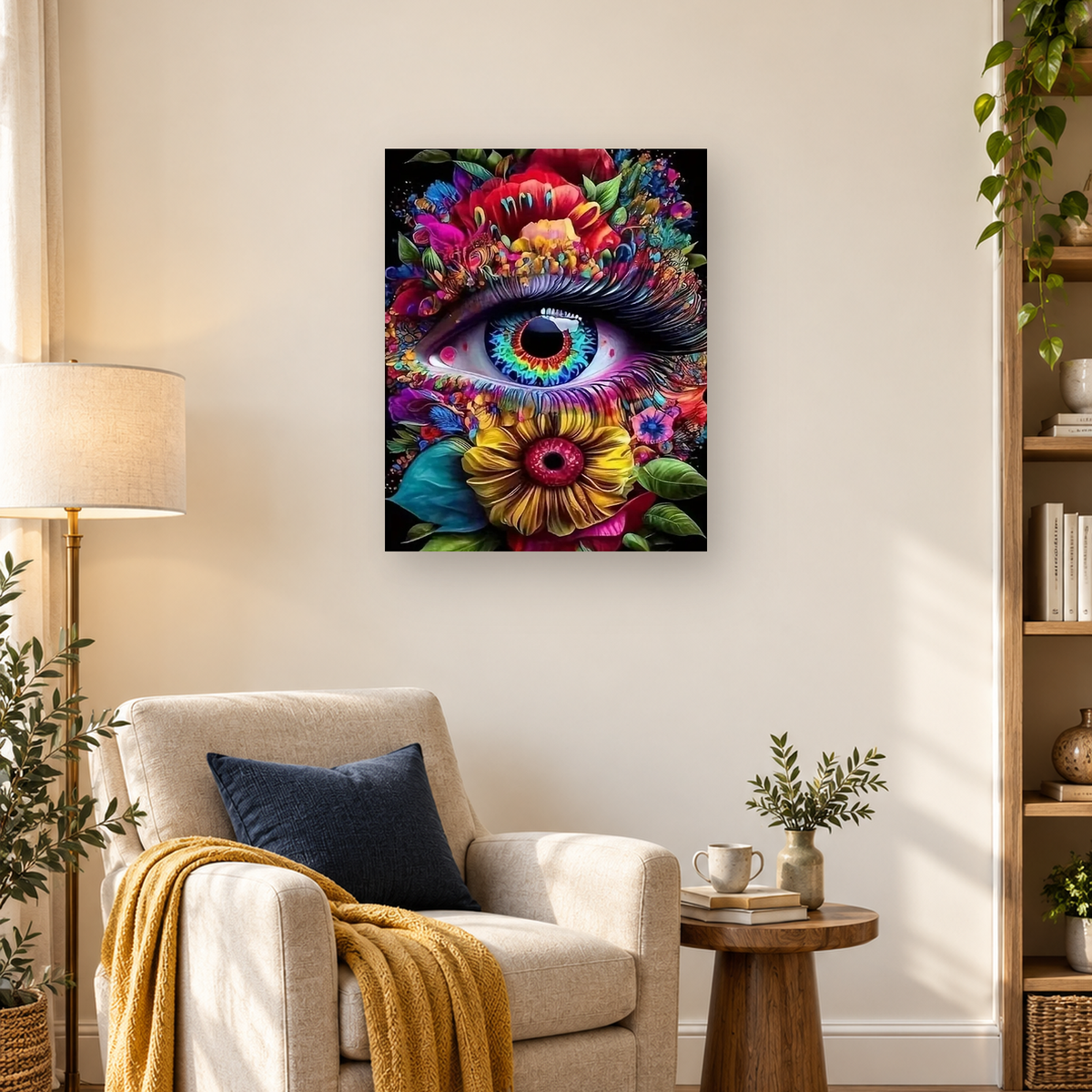 Surreal blue-green human eye surrounded by colorful flowers, green leaves, and a large yellow bloom. — 03_lifestyle_hero