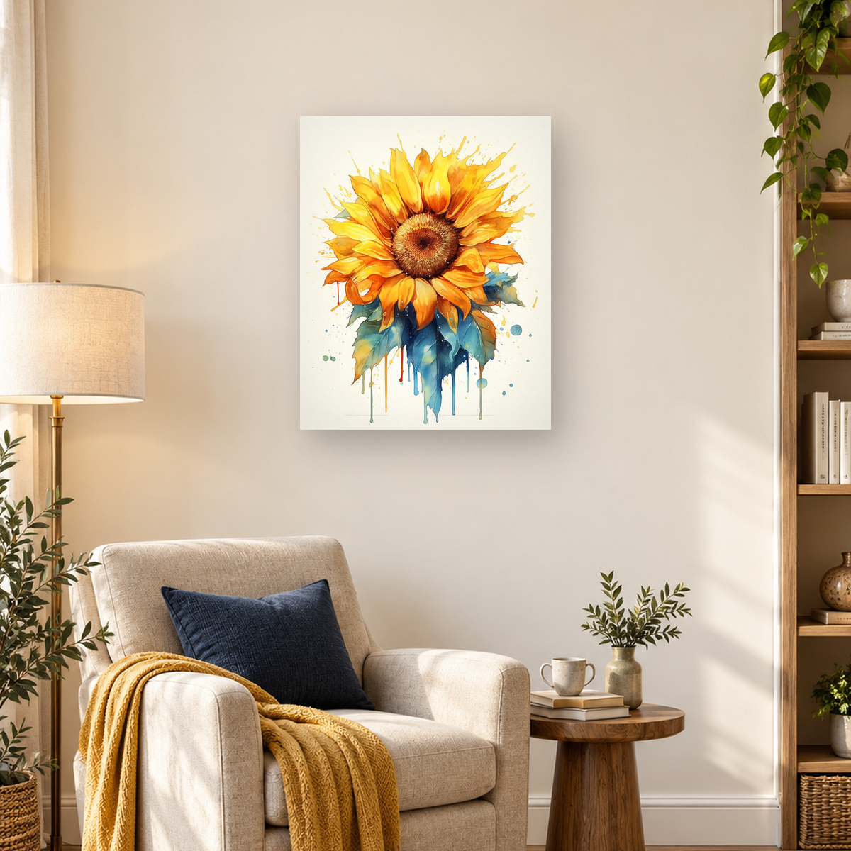 Large yellow-orange sunflower with blue-green leaves, paint splashes, and colorful drips on an off-white background — 03_lifestyle_hero