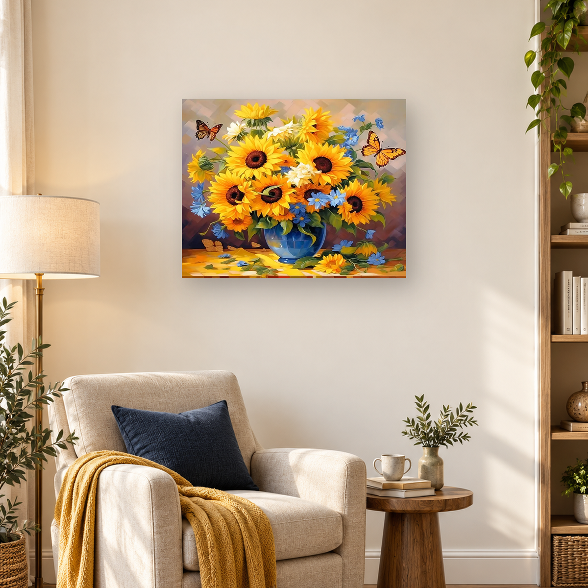 Colorful sunflower bouquet with blue flowers and butterflies in a blue glass vase — 03_lifestyle_hero