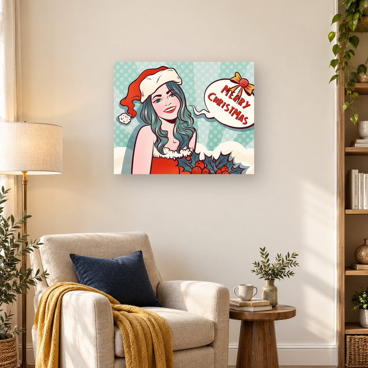 Pop art woman with teal hair and Santa hat beside a Merry Christmas speech bubble — 03_lifestyle_hero