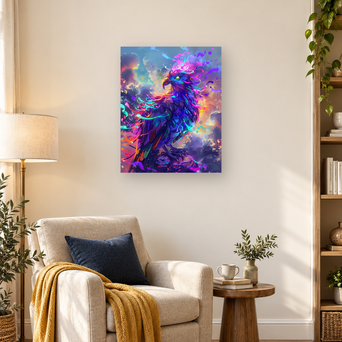Neon blue and purple eagle-like bird with a glowing green eye on a rocky perch — 03_lifestyle_hero