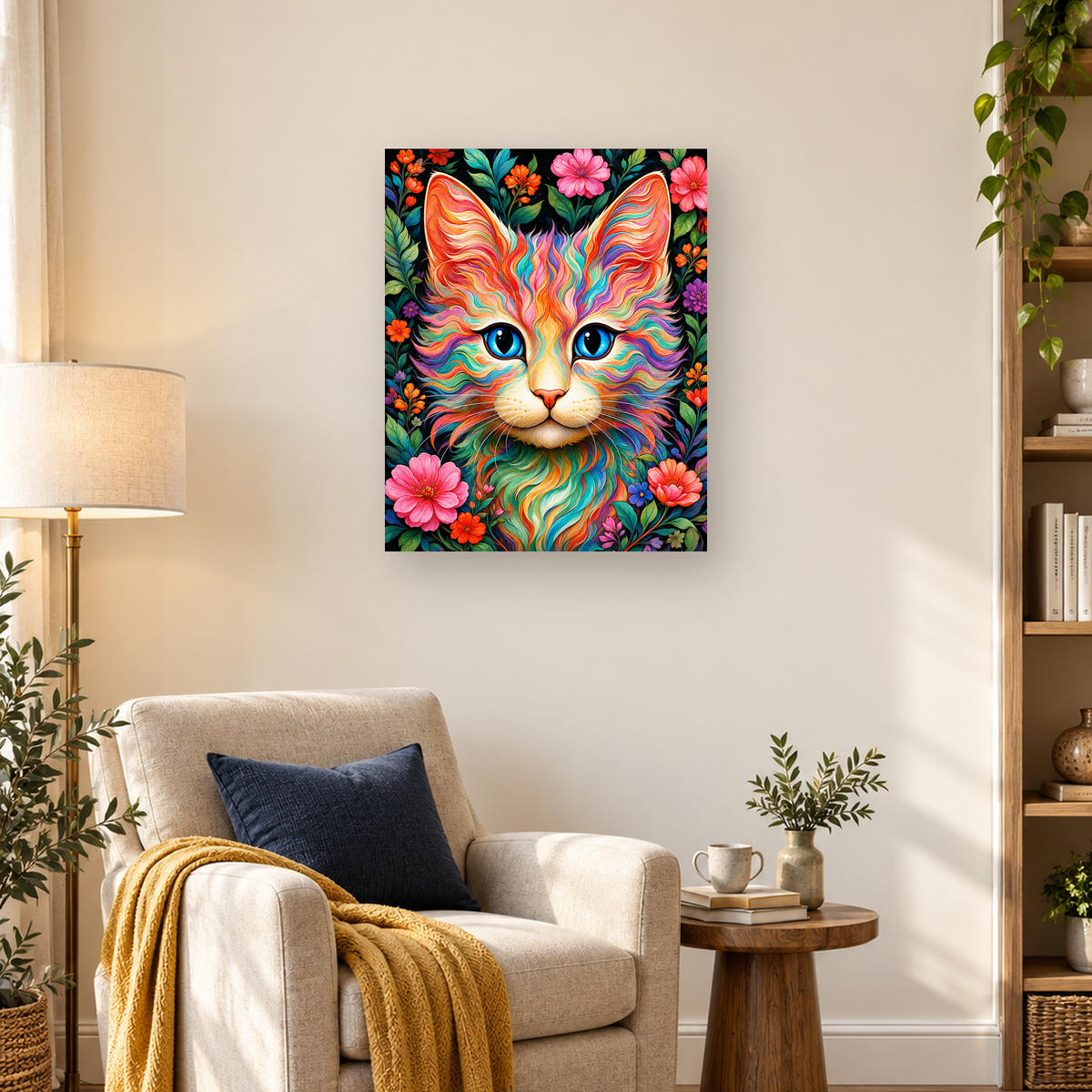 Frontal colorful lion portrait with blue eyes, flowing multicolored mane, flowers, and green leaves — 03_lifestyle_hero