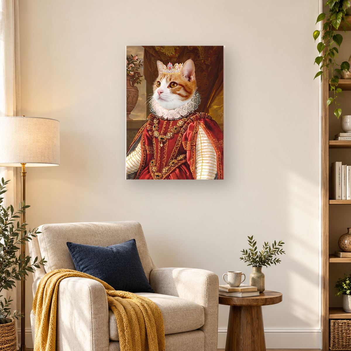 Orange-and-white cat wearing a crown and ornate red royal robe in a formal interior portrait — 03_lifestyle_hero