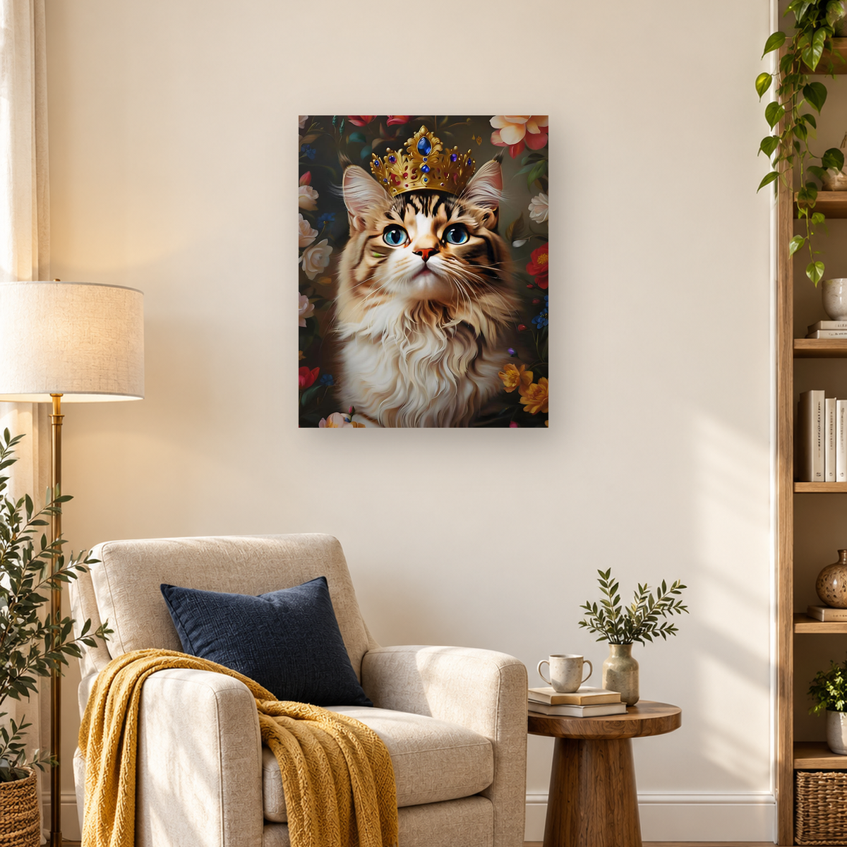 Long-haired tan-and-white cat with blue eyes wearing a jeweled gold crown among colorful flowers — 03_lifestyle_hero