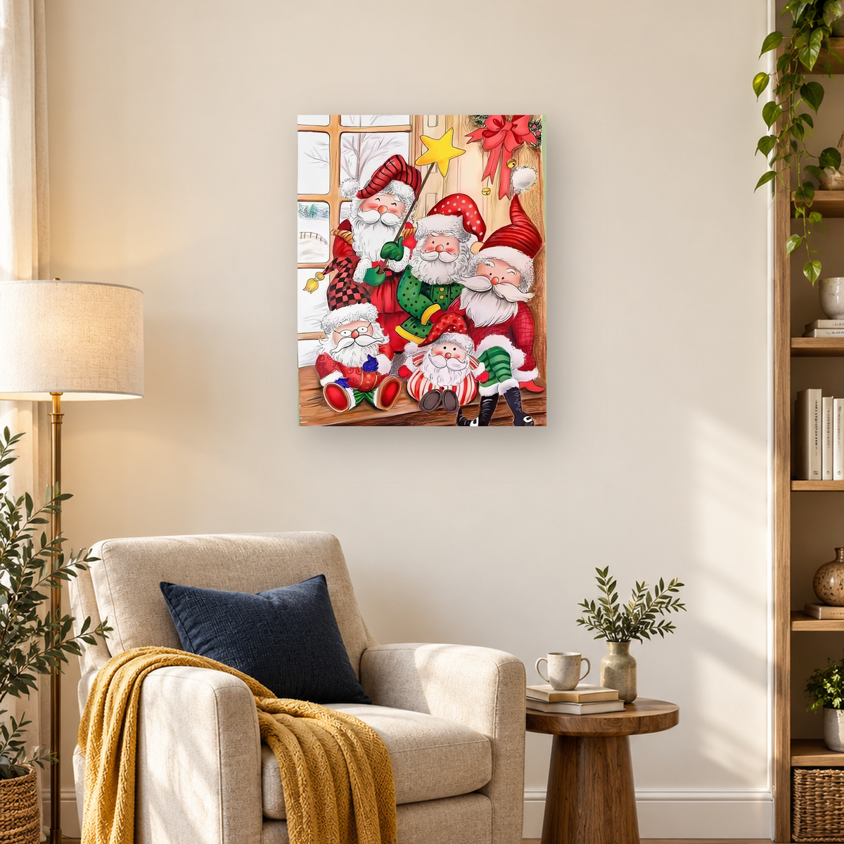 Five colorful Santa figures gathered in a decorated wooden room with a yellow star and red bow — 03_lifestyle_hero