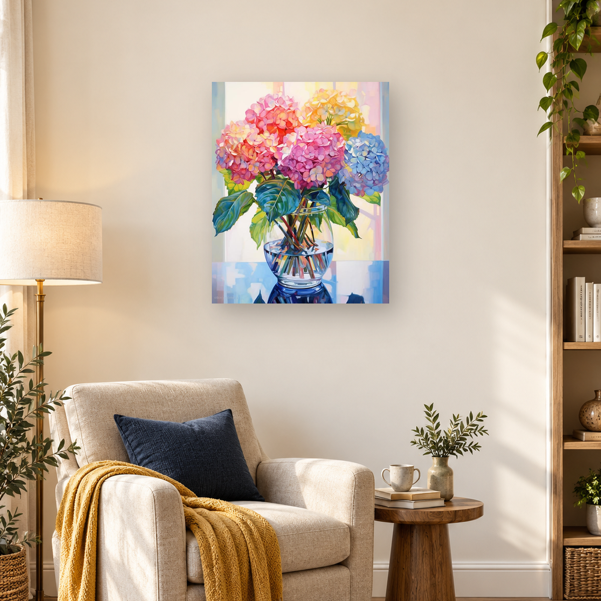 Colorful pink, yellow, and blue hydrangeas with green leaves in a reflective glass vase — 03_lifestyle_hero