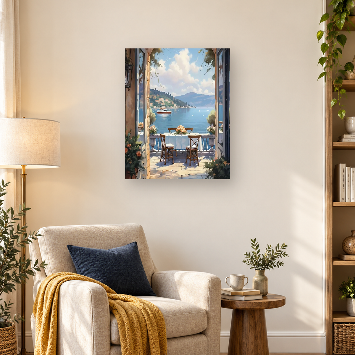 Painterly terrace with flowers, table and chairs overlooking a blue lake, boats, hillside village, and mountains — 03_lifestyle_hero