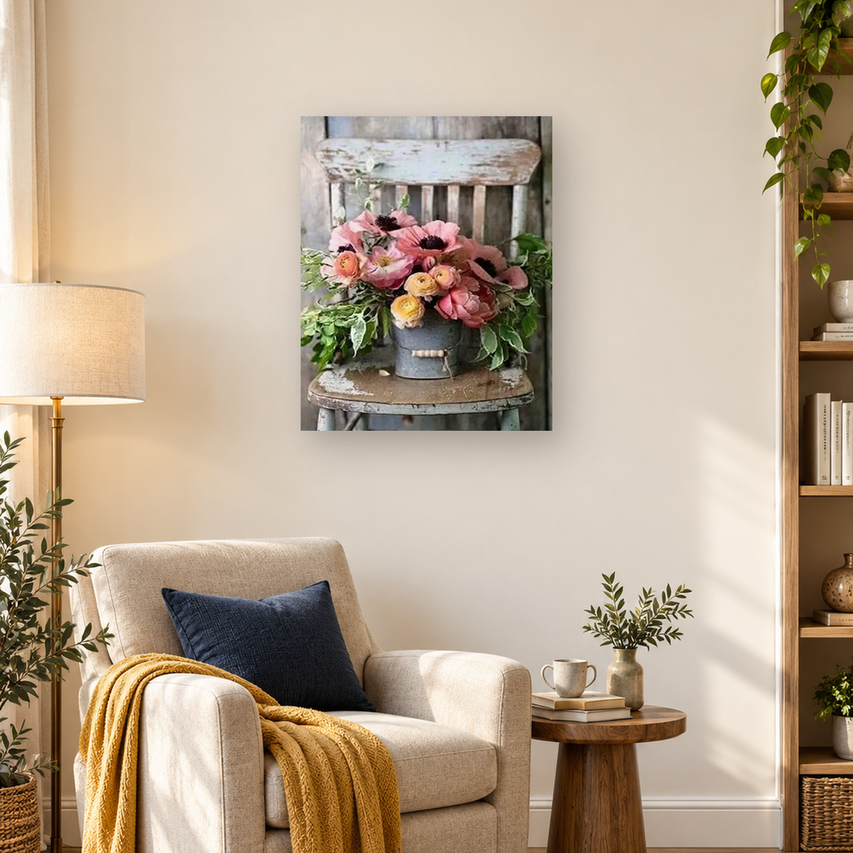 Pink and yellow flower bouquet in a gray pail resting on a weathered wooden chair — 03_lifestyle_hero