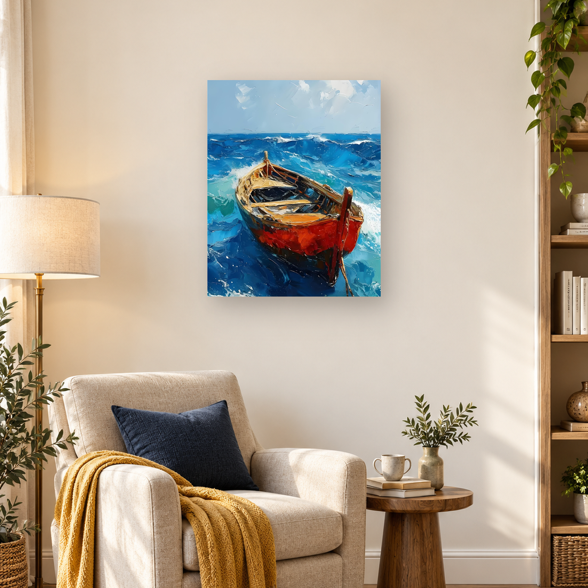 Red wooden rowboat with two oars riding choppy blue ocean waves beneath a pale cloudy sky. — 03_lifestyle_hero